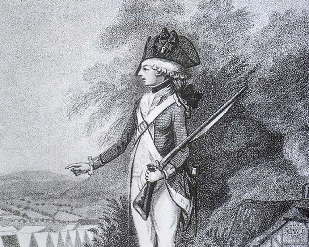 A rare engraving of the young Charlotte Atkyns (then Walpole) dressed as a male soldier in a 1788 theatrical production