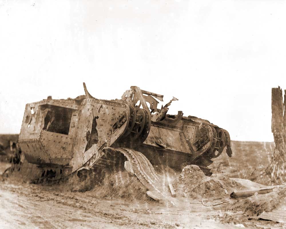 Olive Edis took this photograph of a destroyed tank on the Menin Road in Belgium at the end of the First World War